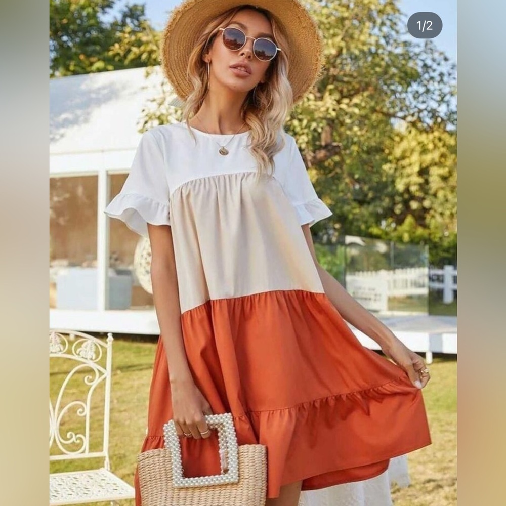 (A2) SHEIN LUNE Colorblock Tiered Smock Mini Dress‎ Flutter Ruffle Boho Chic M 6